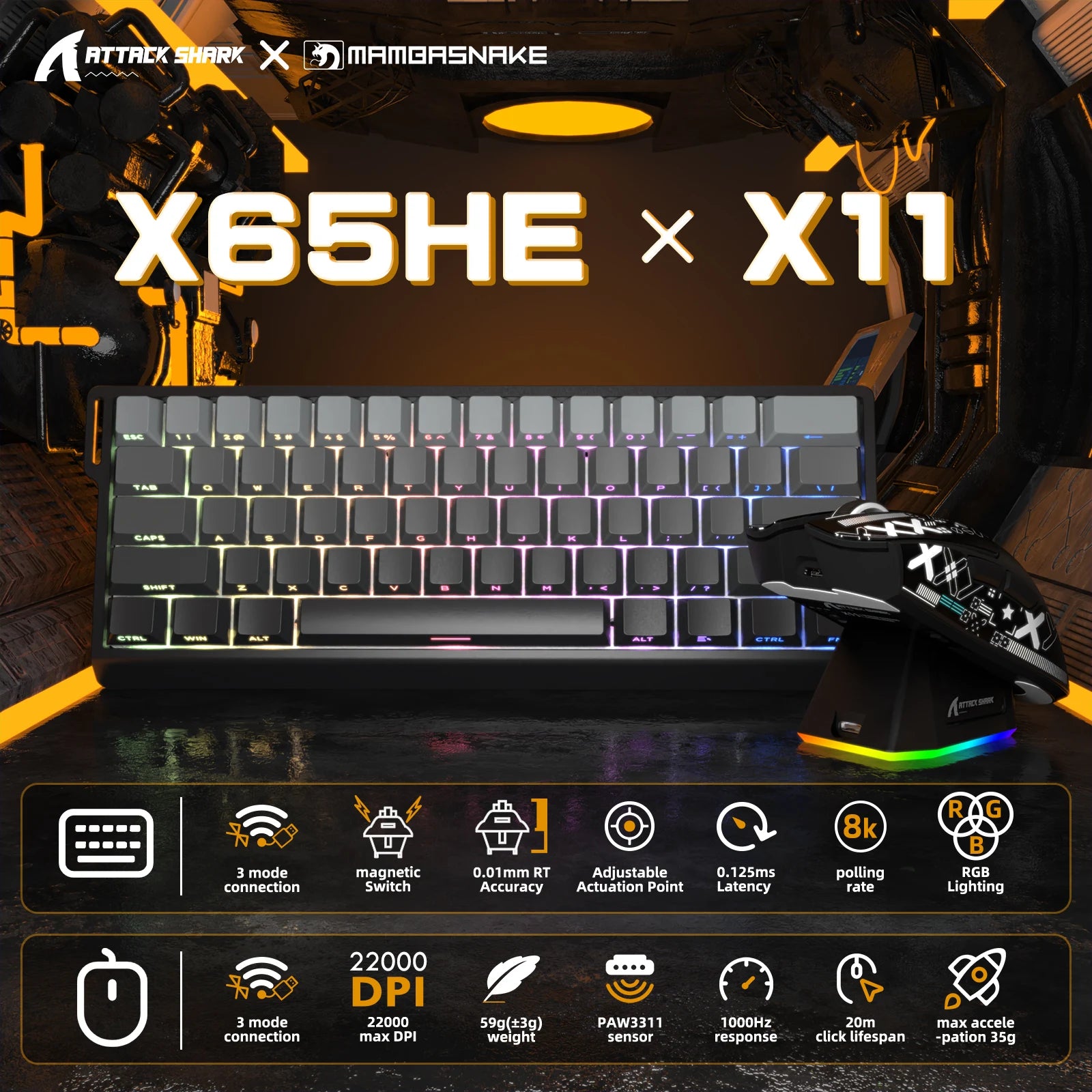 X11&X60HE Mechanical Wireless Gaming Combo,Rapid Trigger 8K Keyboard,59g Ultra-Light Mouse with Charging Dock, 22KDPI,PAW3311