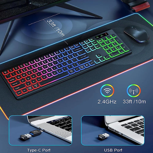JOMAA 2.4G Wireless Keyboard Mouse Combo RGB Backlit Rechargeable Full-Size Ergonomic Type-c Wireless Keyboard Mouse Set